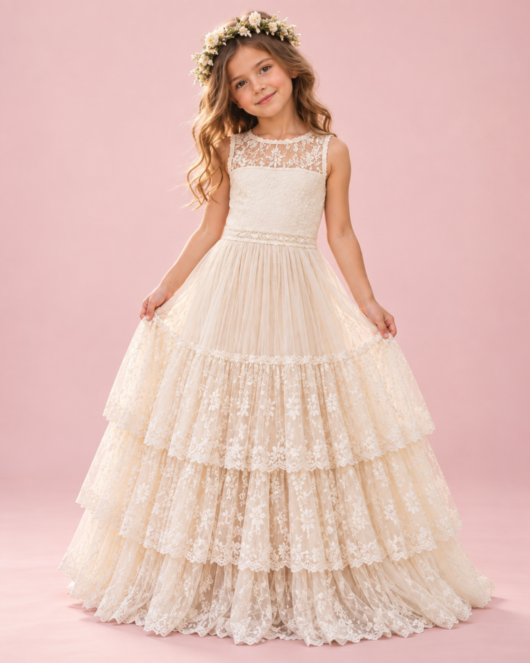 AI-generated concept image of an ivory lace girls’ tiered tulle gown with floral lace trim, front view