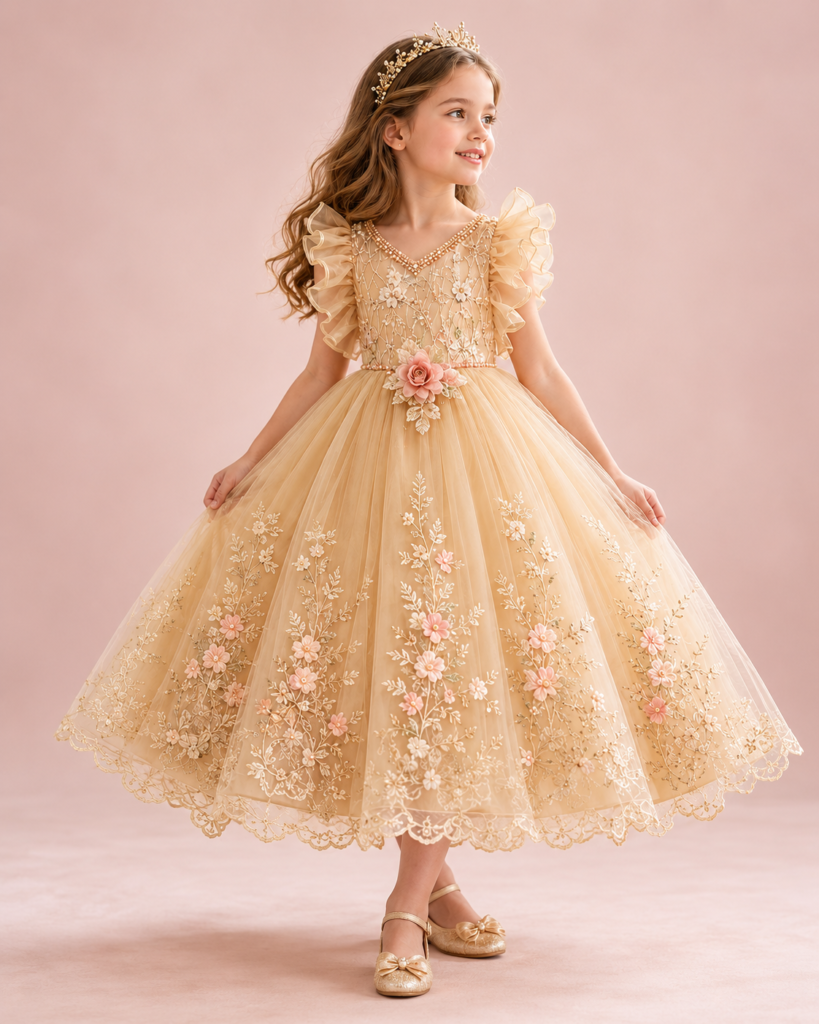 Champagne Embroidered Ruffle Tulle Dress for Girls | KOLESI TUTU