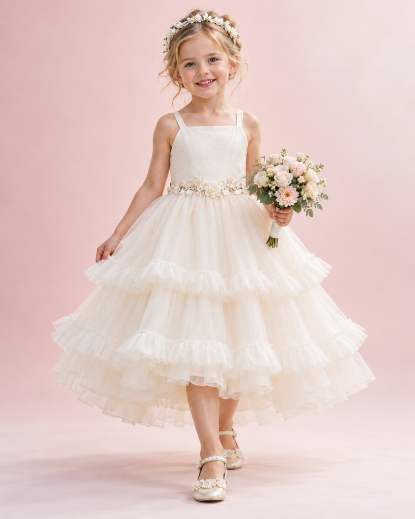 Ivory Tiered Ruffle Tulle Party Dress for Girls | KOLESI TUTU